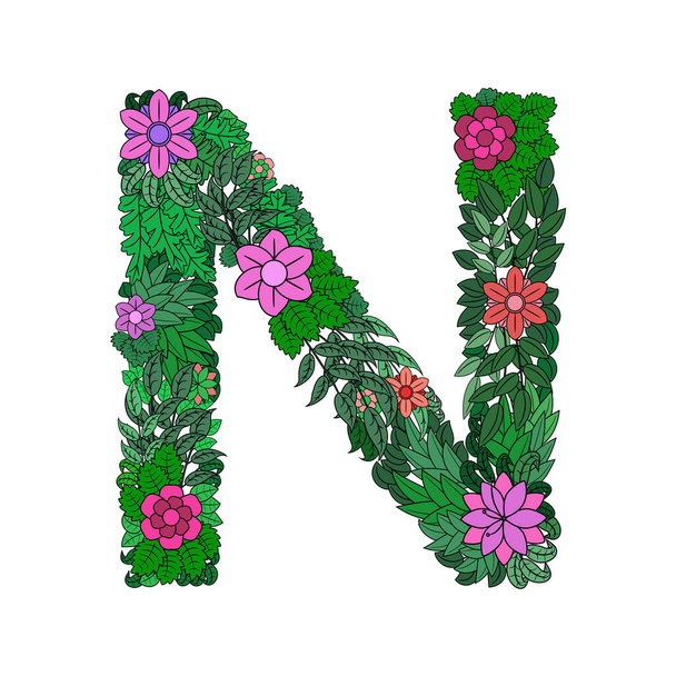 Písmeno N - jasný prvek barevné květinové abecedy na bílém pozadí. Vyrobeno z květin, větviček a listí. Monogram, osobní logo - Vektor, obrázek