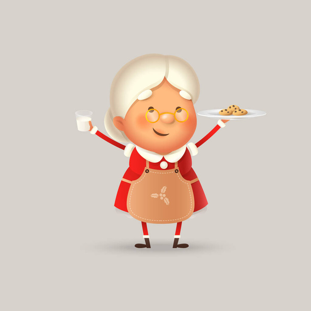 Linda y feliz señora Claus con galletas y leche - ilustración vectorial aislado - Vector, imagen