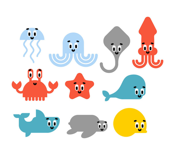 Cute sea animals set. Cartoon sea world animal. Stingray and jellyfish. Squid and octopus. Crab and Shark. Turtle and sea star - Vektori, kuva