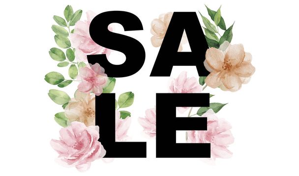 Sale Sign and pink beige watercolor flowers on the white background. Inscription with floral watercolour illustration. - Photo, Image