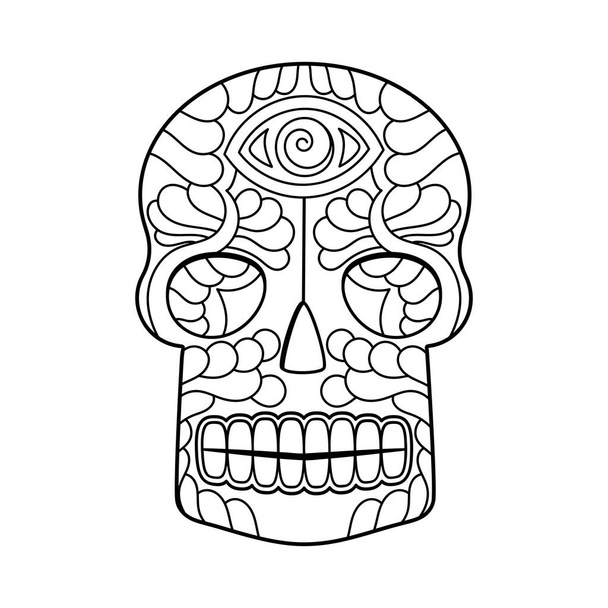 Malbuchseite. Skull vector illustration. Mexikanischer Tag des toten Schädels. Handgezeichnetes Schwarz-Weiß-Design. - Vektor, Bild