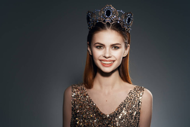 cheerful woman with a crown on her head jewelry luxury celebrity - Photo, Image