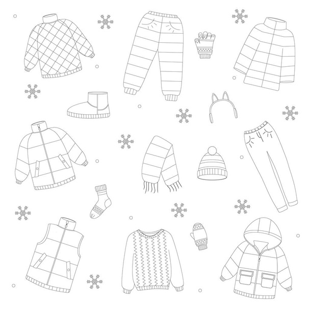美しい冬服セット、任意の目的のための素晴らしいデザイン。フラットベクトルイラスト。カラーブック - ベクター画像
