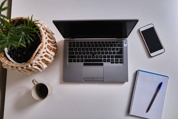 Arbeitstisch eines Hauses mit Laptop, Handy, Kaffeetasse, Pflanze und weiteren Elementen auf einem weißen Tisch, auf dem Sie Ihr Geschäft verrichten können. minimalistischer Stil - Foto, Bild