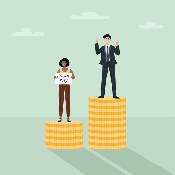 Ισότητα αμοιβών έννοια χάσμα, επιχειρηματίας και γυναίκα στέκεται σε στοίβα νομισμάτων. - Διάνυσμα, εικόνα