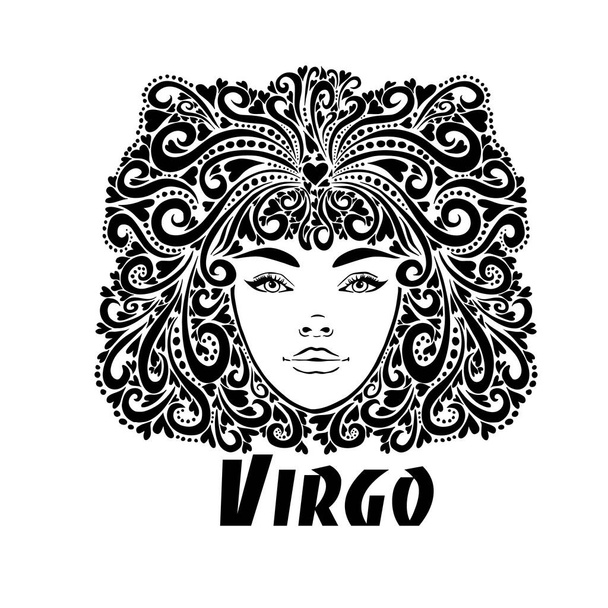 The stylized face of a beautiful girl full-face. T-shirt printing Virgo. Vector illustration - Vector, Image