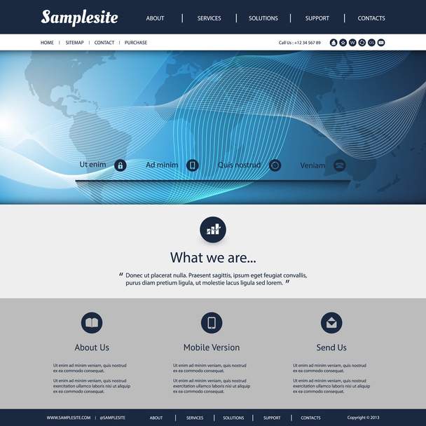 Website Template with World Map and Wavy Lines Pattern - Вектор, зображення