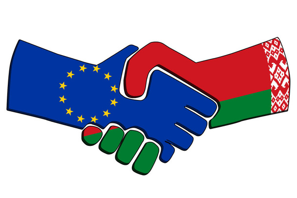 Zászlós országok kézfogása. Az Európai Unió és Fehéroroszország üzleti partnerségi kapcsolatának koncepciója. Kereskedelmi együttműködés, politikai kapcsolatok barátság és béke. illusztráció. - Fotó, kép