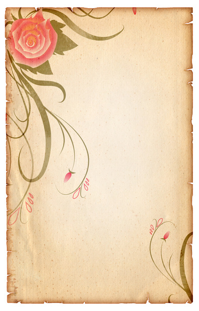 Floral vintagel background.Old paper scroll with pink rose - Фото, изображение
