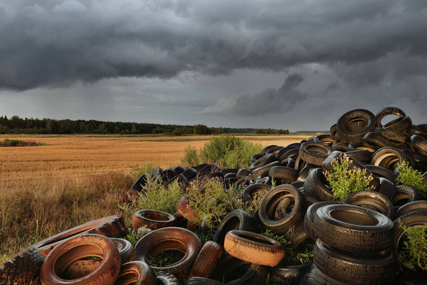 A landfill of tires using for the reinforcement of agricultural structures with fertilizers. Concept rural scene. Ecology, environmental damage and conservation, farm industry, pollution - Photo, Image