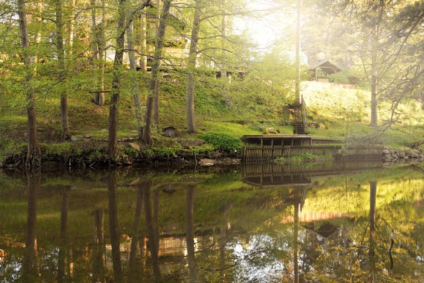 Kleine rivier in het groene bospark. Machtige bomen, planten. Moderne houten brug en loopbrug. Symmetrische reflecties op water. Zomer landschap. Ecotoerisme, wandelen, ecologie, milieu, natuur - Foto, afbeelding