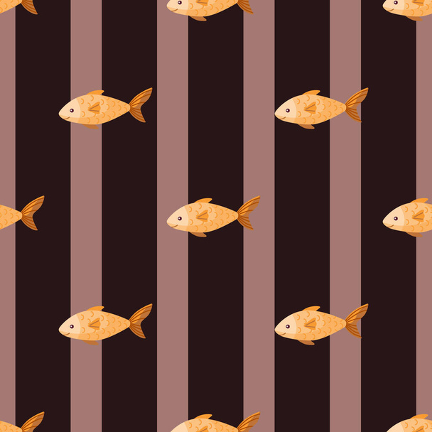 Απρόσκοπτη μοτίβο ψαριών σε ρίγες καφέ φόντο. Σύγχρονο στολίδι με θαλάσσια ζώα. Γεωμετρικό πρότυπο υφάσματος. Σχεδιασμός διανυσματικής απεικόνισης. - Διάνυσμα, εικόνα