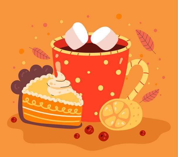 Autumn hot drink with piece of pie concept. Vector cartoon illustration - Vector, imagen