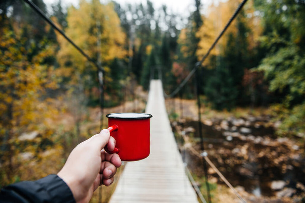 man in autumn october yellow forest holding red mug with coffee - Foto, imagen
