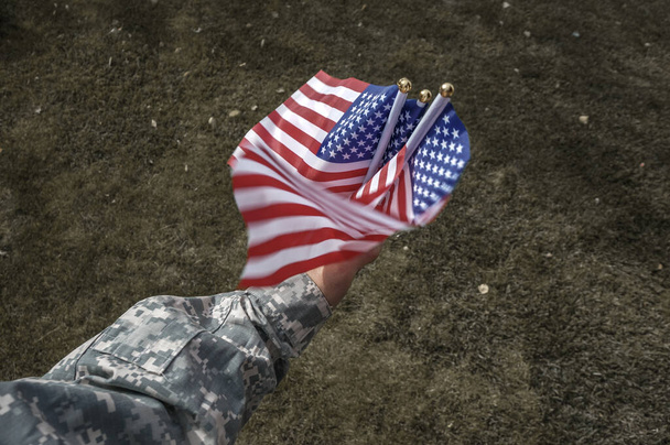 American soldier holding flags in his hand at the celebration over green grass in the park - Foto, afbeelding