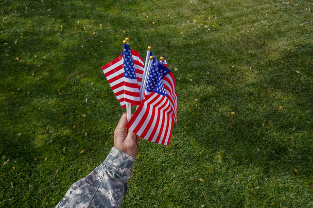 American soldier holding flags in his hand at the celebration over green grass in the park - Foto, Imagen