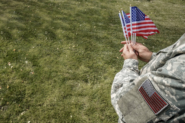 American soldier holding flags in his hand at the celebration over green grass in the park - Fotografie, Obrázek