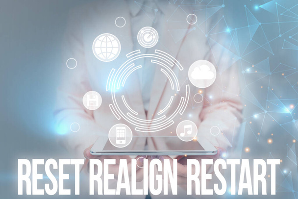 Inspiration showing sign Reset Realign Restart. Concept meaning Life audit will help you put things in perspectives Business Woman Touching Futuristic Virtual Display Holographic Interface. - Photo, Image