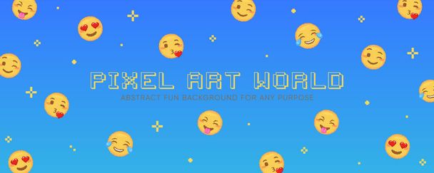 Pixel art emoji background. Funny 8 bit video game style background with yellow pixel art emoji face, Streamer screensaver or decorative background. Blue background, hearts in eyes and text free space - Vector, Image