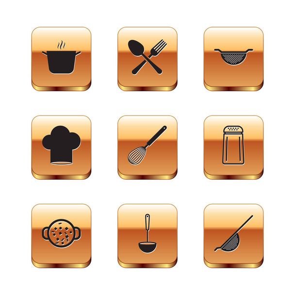 Set Olla para cocinar, sopa, cucharón de cocina, batidor, sombrero de chef, colador e icono de cuchara de tenedor cruzado. Vector - Vector, imagen