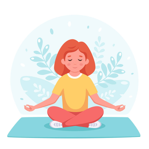 Chica meditando en pose de loto. Gimnasia, yoga y meditación para niños. Ilustración vectorial - Vector, imagen