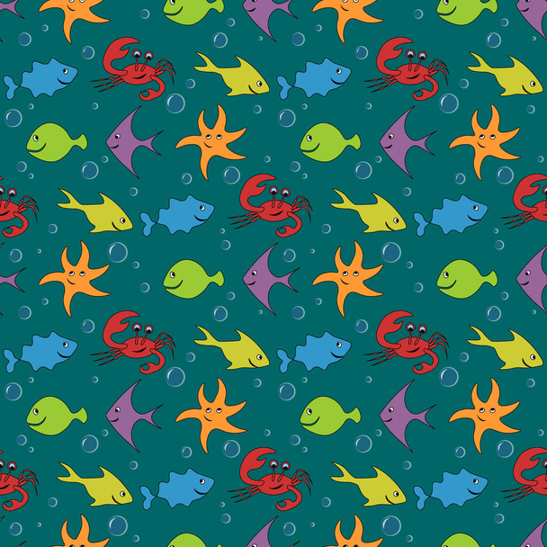 Dibujos para niños Fish Crab Starfish Seamless Pattern - Vector, imagen