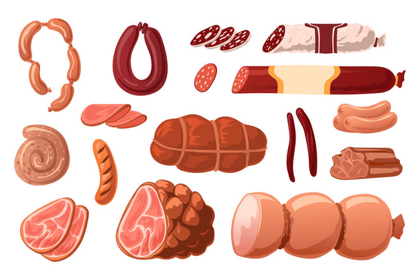 Cartoon sausages. Meat grocery assortment. Pork, chicken and beef smoked products. Butchery collection. Salami slices and ham rings. Delicious frankfurters. Vector gourmet food set - Vector, Image