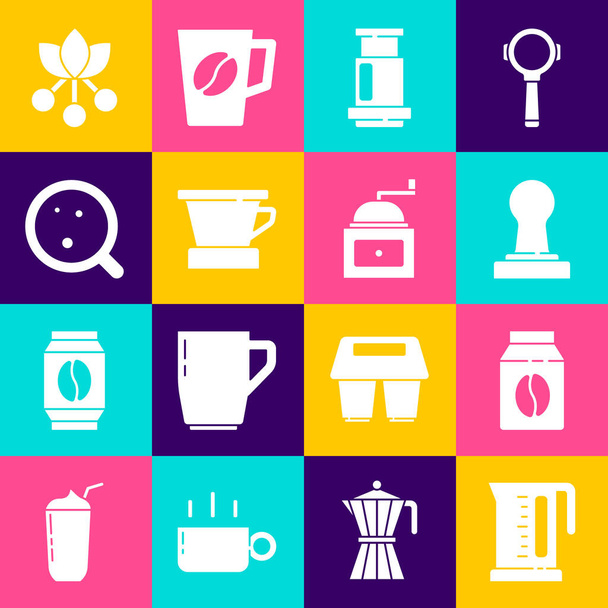 Set Electric kettle, Bag of coffee beans, Coffee tamper, Aeropress, V60 maker, cup, bean, branch and Manual grinder icon. Vector - Vector, Image