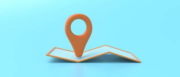 Map and pin pointer location, search travel navigation GPS concept. Minimal paper map and orange color navigator locator position point on blue background. 3d illustratio - Photo, Image