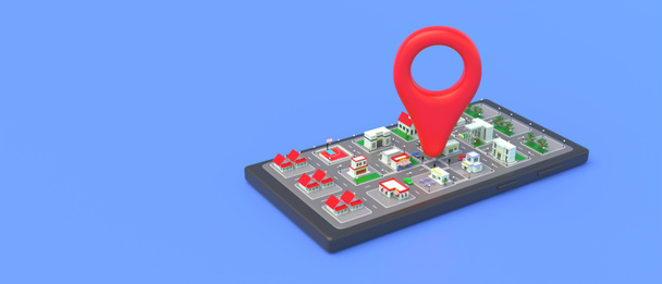 Mappa la posizione del puntatore pin di colore rosso su un piano urbano su uno schermo dello smartphone, sfondo blu. Navigazione, GPS concetto di app per telefoni cellulari, spazio di copia, modello. Illustrazione 3d - Foto, immagini