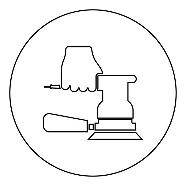Ponceuse dans l'utilisation de l'outil de maintien de la main Bras à l'aide d'une feuille circulaire Icône d'instrument orbital électrique en cercle illustration vectorielle ronde de couleur noire style contour solide image simple - Vecteur, image