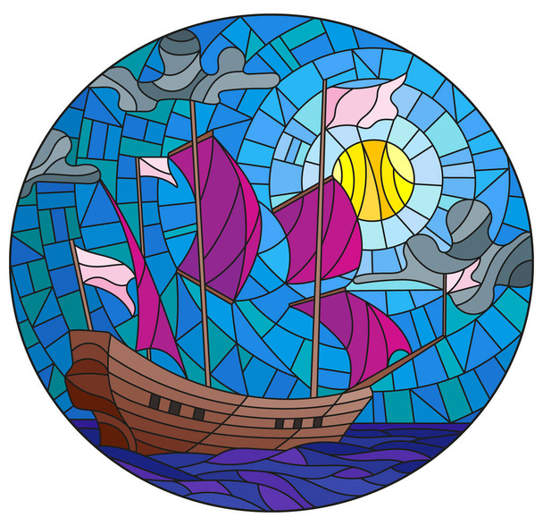 Εικονογράφηση σε βιτρό στυλ με ένα παλιό πλοίο που πλέει με ροζ πανιά πάνω στη θάλασσα και συννεφιασμένο ουρανό, οβάλ εικόνα  - Διάνυσμα, εικόνα
