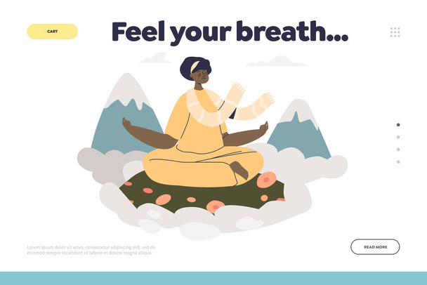 瞑想と落ち着いた山の中でヨガを練習女性とランディングページの呼吸の概念を感じる - ベクター画像