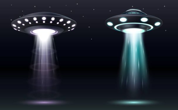 Набор НЛО. Реалистичные инопланетные корабли со световыми лучами. Футуристический научно-фантастический неопознанный космический корабль - Вектор,изображение