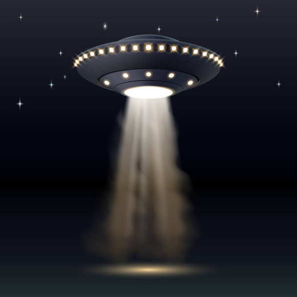 Realistic spaceship, unidentified flying object over night sky. UFO invasion. Alien space rocket - Vector, Image