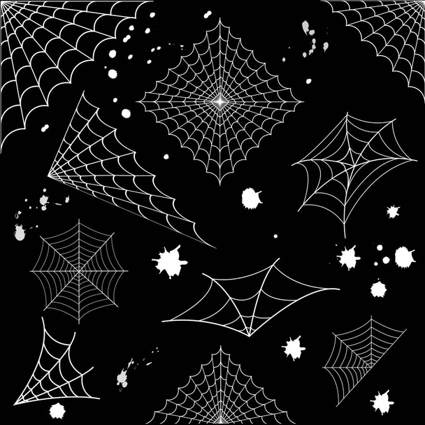 Set von dekorativen Spinnweben für die Erstellung von Hintergründen und Projekten, Halloween. Schwarzer Hintergrund - Vektor, Bild