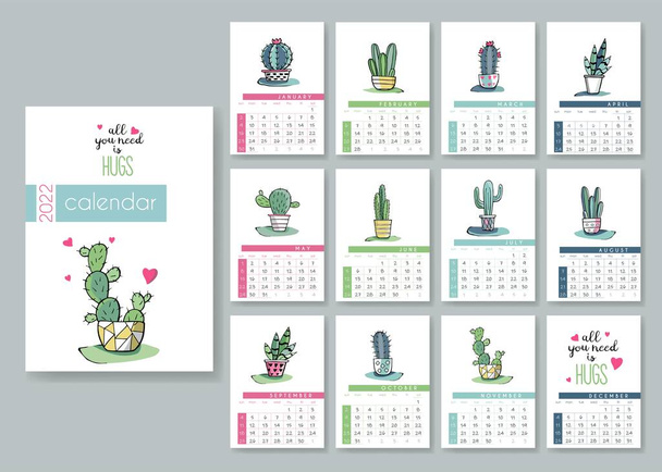 Kalenteri 2022 söpö kaktukset skandinaaviseen tyyliin. Viikko alkaa sunnuntaina. Joukko 12 kuukauden kalenterit. Sopii lapsille, lastenhuoneelle, julisteelle, printille. Minimalistinen tyyli. Olen pahoillani. Vektoriesimerkki. - Vektori, kuva