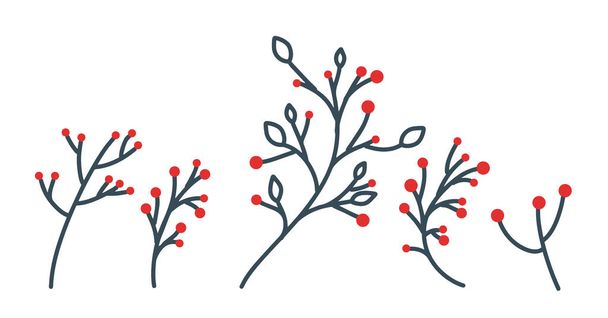 Sammlung von handgezeichneten Weihnachtsdekorationen. Stechpalme, rote Beeren, Weihnachtskugel. Ein wunderschönes Vektor-Set aus Zweigen mit roten Beeren zum Erstellen von Postkartenmotiven, Einladungen und mehr. - Vektor, Bild