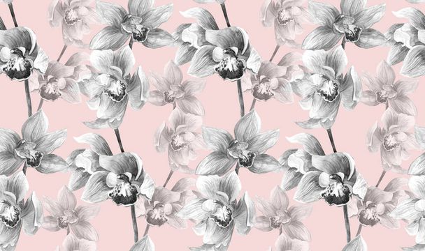 saumaton tekstiilikuvio mustavalkoisilla orkideoilla herkällä pohjalla - Valokuva, kuva