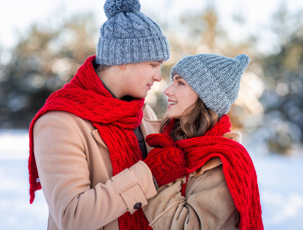 Detailní fotografie krásného romantického páru v zimních lesích - Fotografie, Obrázek