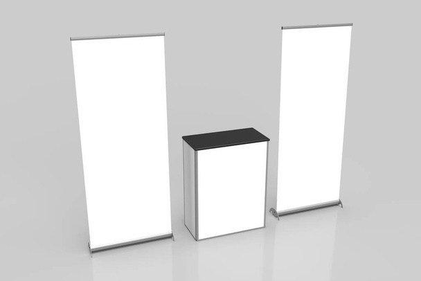 Kaksi White Pullup Banner Näyttely Näytöt ja myyntipisteen taulukon keskellä Eristetty harmaalla pohjalla, Vasen Perspective View, mallinnusta ja kuvitusta varten. 3D-renderöinti - Valokuva, kuva