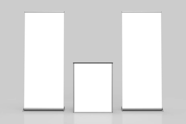 Twee White Pullup Banner Exhibition Displays en Point of Sale Tafel in het midden Geïsoleerd op een grijze achtergrond, vooraanzicht, voor mockup en illustratie doeleinden. 3D Render illustratie - Foto, afbeelding