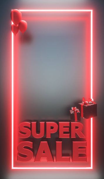 スーパーセール垂直バナー。赤いネオンライトとテキスト用のコピースペース。3Dレンダリング - 写真・画像