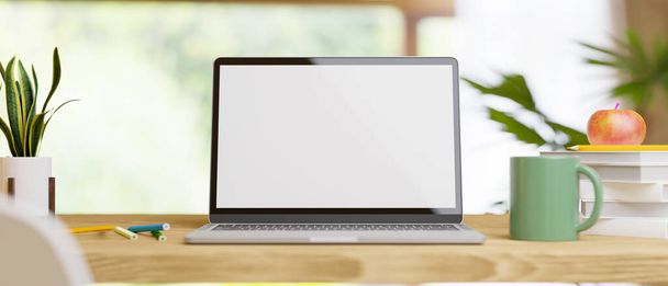 Mockup di un computer portatile per la grafica di montaggio su uno schermo vuoto stare su un tavolo da lavoro in legno in un salotto di casa. Primo piano. Illustrazione 3d, rendering 3d - Foto, immagini