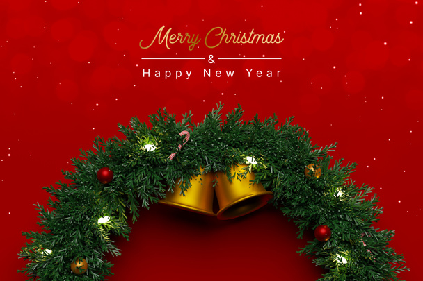 Vista superior de adorno de corona de Navidad sobre fondo rojo de lujo. Navidad y feliz año nuevo. Ilustración de representación 3d - Foto, imagen