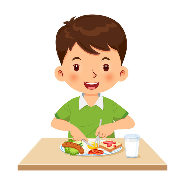 Мальчик счастлив завтракать. Векторная иллюстрация - Вектор,изображение