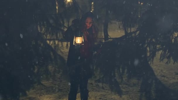 Девушка с фонариком в зимней лесной сказке, обложка книги, рождественское время - Кадры, видео
