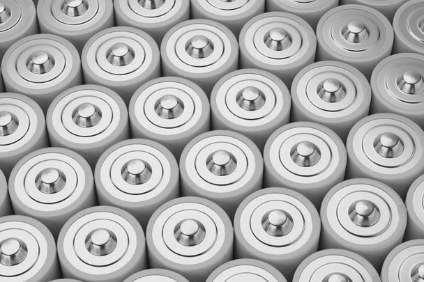 Macro top view on the the group of gray alkaline AAA batteries. 3D rendering illustration. - Photo, Image
