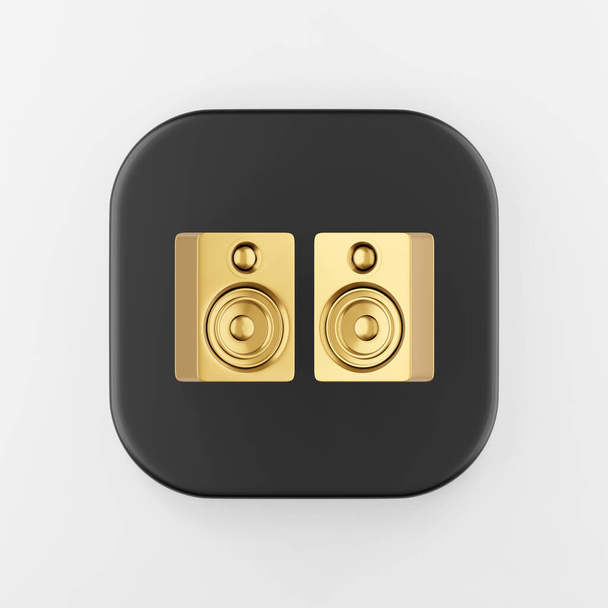Ícone alto-falantes de ouro. 3d renderização preto quadrado botão chave, interface ui ux elemento. - Foto, Imagem