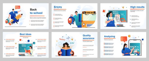 Back to school concept for presentation slide template. Pupils go to lessons, schoolgirls and schoolboys study. Students learning, receive education at college. Vector illustration for layout design - Vector, Image